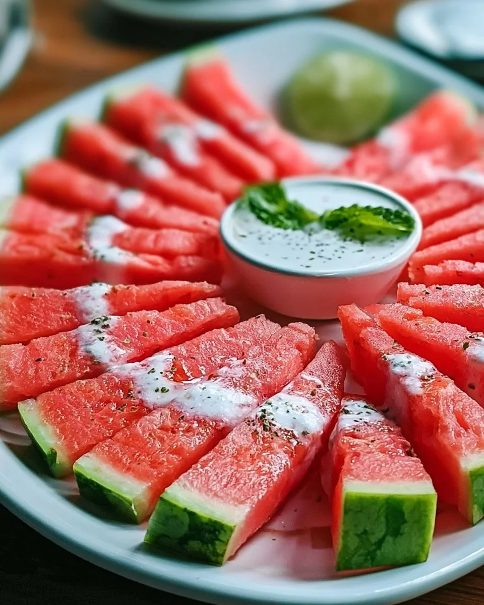 Gesunde Wassermelonen-Pommes auf einem Teller mit frischen Minzblättern