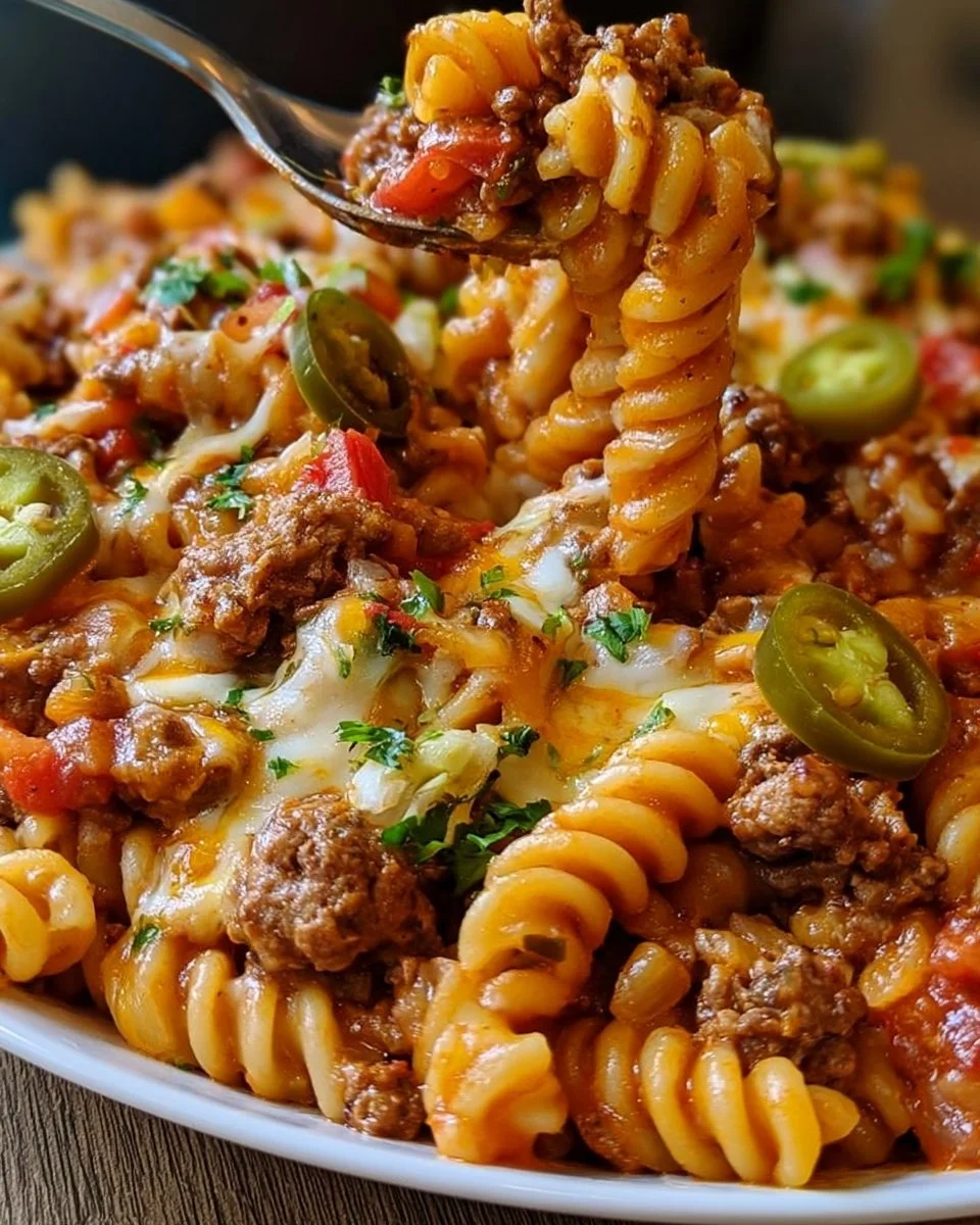 Käsepasta mit gewürztem Rindfleisch und Jalapeños