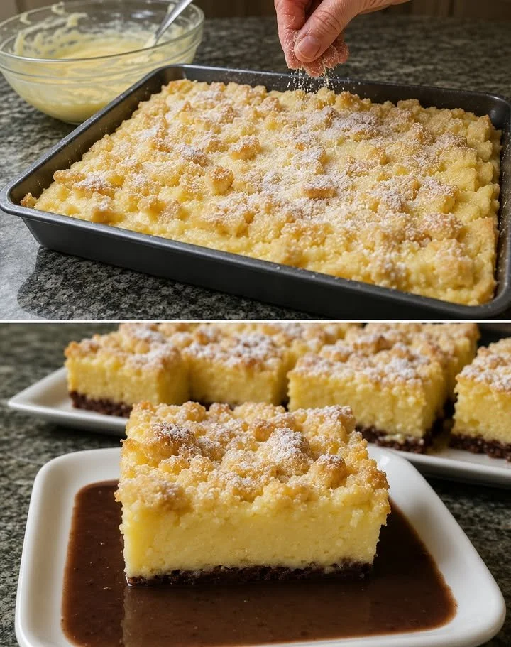 Versunkener Streuselkuchen mit Vanillepudding